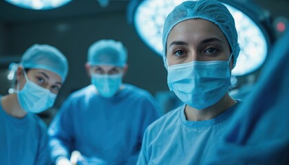 Healthcare professionals, diverse team, in surgical scrubs, masks, collaborate in operating room. Intense focus, teamwork, skill, dedication evident in clinical environment. Medical staff, surgeons,
