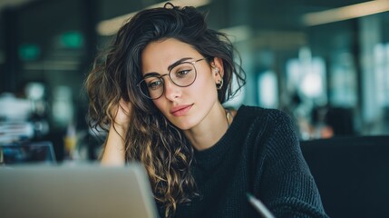 Focused financial specialist latin hispanic businesswoman working on laptop pc sitting at desk in modern office. Middle eastern or european woman using computer for finance data analysing work online