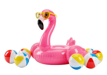 Playful Giant Flamingo Inflatable with Sunglasses and Beach Balls – Ideal for Poolside Parties and Vacation Vibes, isolated on a transparent background PNG,