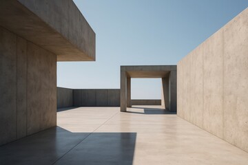 Minimalist concrete architecture with geometric shapes and shadows under a clear blue sky