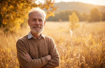 Happy senior man with grey hair and beard enjoys autumn day in sunny meadow. Smiling elderly man in casual attire walks outdoors in nature, embracing peaceful retirement life.