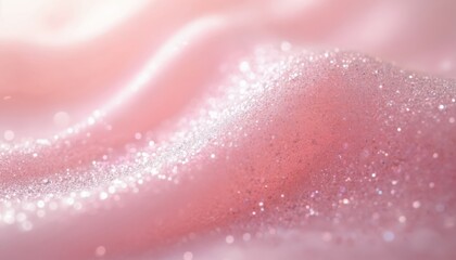 Close-up macro shot of pink nail polish texture with shimmer, glitter. Smooth creamy liquid surface showing tiny sparkles, glossy highlights. Perfect for beauty, cosmetic, fashion promotions, nail