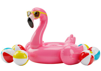 Playful Giant Flamingo Inflatable with Sunglasses and Beach Balls – Ideal for Poolside Parties and Vacation Vibes, isolated on a transparent background PNG,