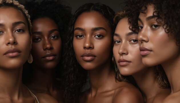 Five women of diverse ethnicities pose together in a studio for skincare and makeup. They represent female empowerment, confidence, and friendship, showcasing healthy, radiant skin and natural beauty. - Powered by Adobe
