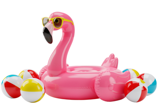 Playful Giant Flamingo Inflatable with Sunglasses and Beach Balls – Ideal for Poolside Parties and Vacation Vibes, isolated on a transparent background PNG, - Powered by Adobe