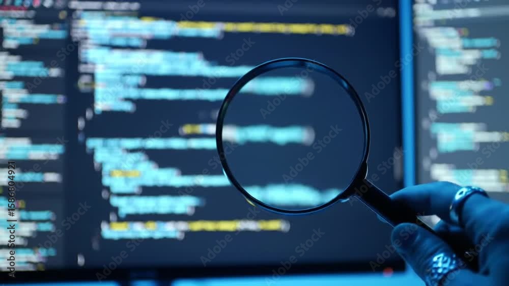 Poster hand holding magnifying glass over source code on computer screen illuminating data analysis in a da