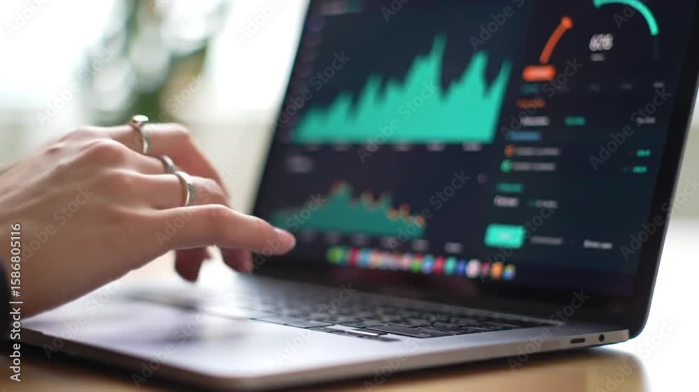 Poster hands typing on laptop keyboard displaying financial charts for business analysis and data driven in