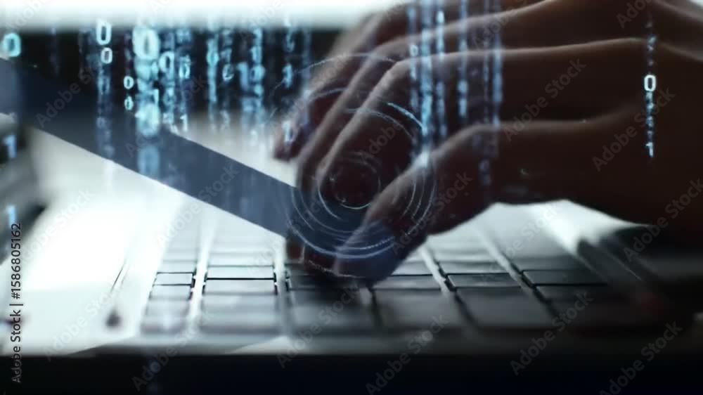 Poster hands typing on laptop keyboard with digital matrix overlay data streams and circles in technology b