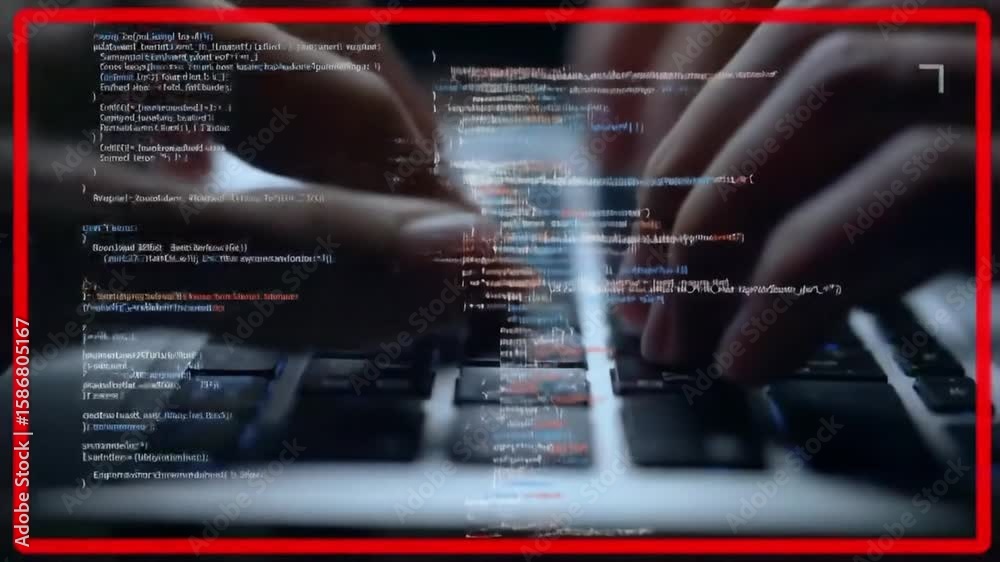 Poster hands typing on laptop keyboard with overlaid digital code displaying programming and cybersecurity 