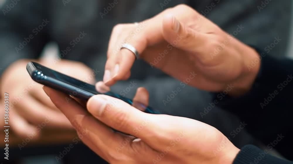 Poster hands using smartphone with ring modern digital interface and blurred background of other person for