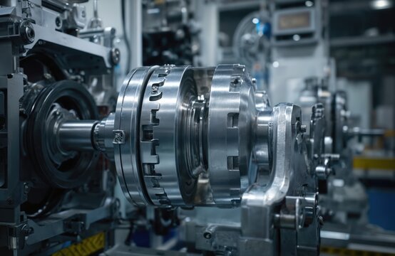 Detailed close-up of robust metal coupling component within industrial machinery. Steel connection joint precision engineering, heavy-duty technology in manufacturing assembly lines. Complex