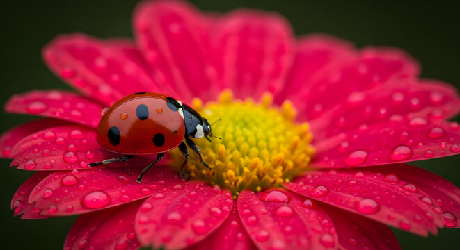 Macro close-up of a red ladybug on a vibrant red flower with dew drops, natural and fresh.