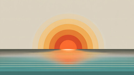 
A stylized sun rising over a flat horizon line, clean vector design with muted tones