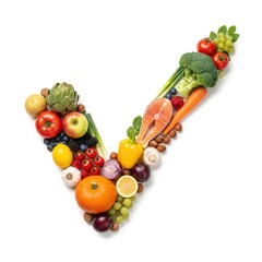Checkmark symbol formed by fresh healthy food assortment tick mark approved