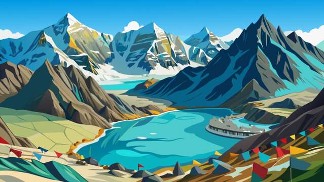 Gokyo Lakes, Solukhumbu District, Nepal &ndash; Turquoise glacial lakes reflect the snow-covered Himalayas. Rugged trails and prayer flags flutter near icy edges, giving a spiritual and untouched vector app