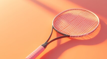 A tennis racket casts a shadow on a smooth, orange surface, creating a warm, inviting scene.