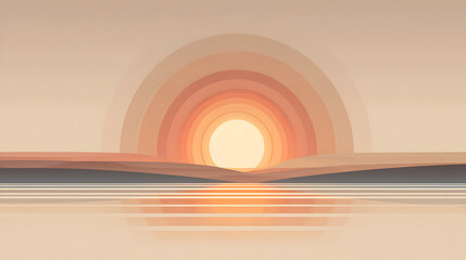 
A stylized sun rising over a flat horizon line, clean vector design with muted tones