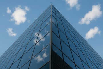 Modern glass skyscraper corner reflecting blue sky and fluffy white clouds on a clear day