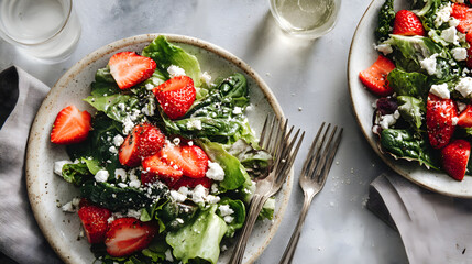 A summer salad with greens, strawberries, and feta