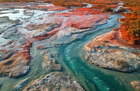 Aerial view abstract patterns of blue-green water flowing through red sediment deposits on alluvial plains in Western Australia. Mineral-rich, colorful landscape offers pristine natural beauty,