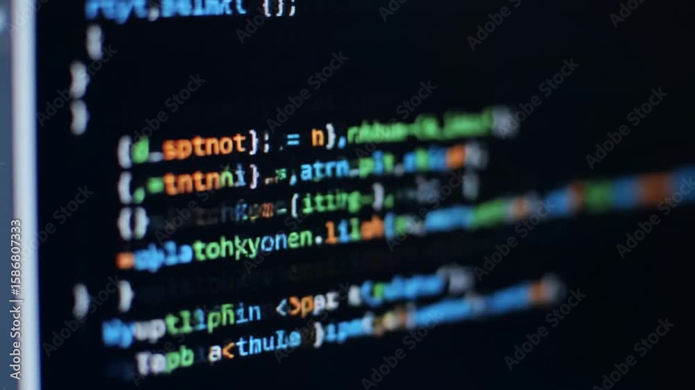 Poster source code displayed on a dark computer screen with white and orange characters and abstract techni