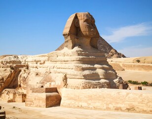 Sphinx and Pyramid in Sunny Desert Landscape
