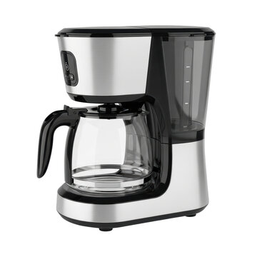 A sleek, modern drip coffee maker with a silver and black finish and a glass carafe, perfect for brewing fresh coffee in any kitchen.