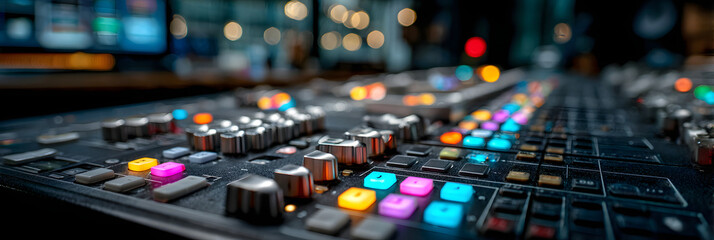Switcher buttons in a television studio featuring an audio and video production switcher with a bokeh effect