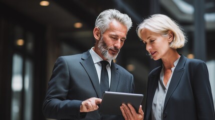 Mature team of partners business man and European business woman discussing project on tablet standing in office. Two colleagues of professional business people working together