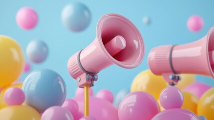 Pastel pink megaphones announce amidst floating colorful spheres.