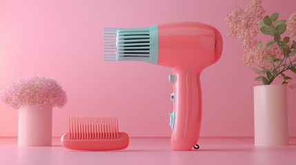A pink hair dryer, comb, and vase with flowers arranged on a pink surface.