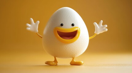 A cheerful cartoon egg character with arms and legs, joyfully posed against a warm yellow background.
