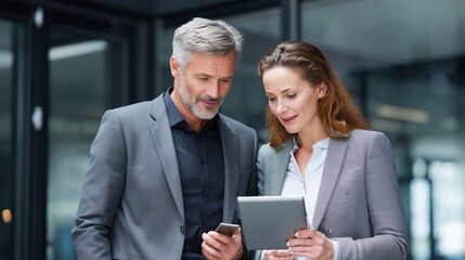 Mature team of partners business man and European business woman discussing project on tablet standing in office. Two colleagues of professional business people working together