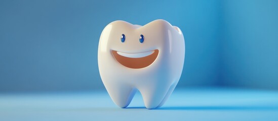 Cartoonish white tooth with a happy expression against a light blue background.