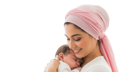 A woman with a pink headscarf holding a baby close to her chest and smiling gently at the newborn child