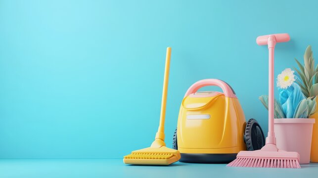 A vibrant still life of cleaning tools against a bright blue background.