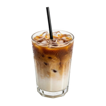 A refreshing iced latte with distinct layers of espresso and milk, served in a tall glass with ice and a straw.