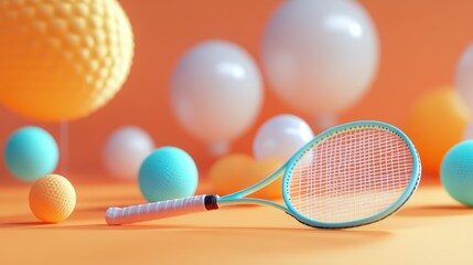 A tennis racket rests, surrounded by colorful spheres, on an orange surface.