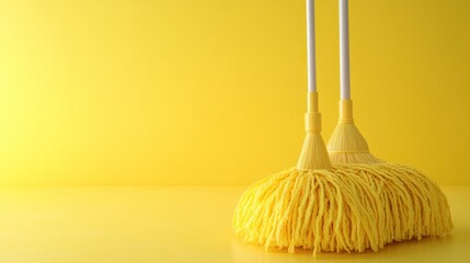 Two yellow cleaning mops against a bright yellow background, ready for use.