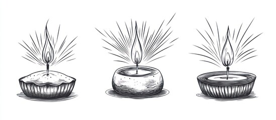 Three hand-drawn candles, each with a unique holder, burning brightly, radiating light.