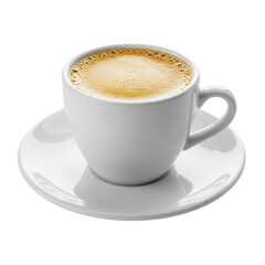 Hot espresso coffee with a rich golden crema in a clean white ceramic cup and matching saucer, ideal for beverage and cafe themes.