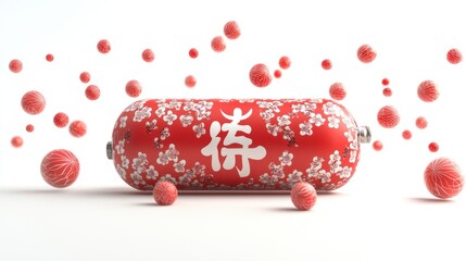 A vibrant red cylindrical object with white floral patterns and Chinese characters, surrounded by floating spheres.