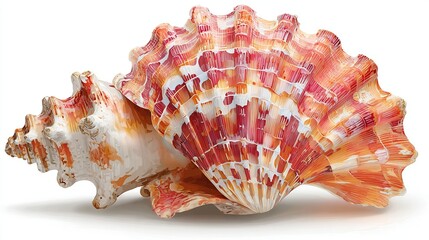 Two ornate, intricately patterned orange and white sea shells laying on a white background