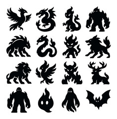 Mythical fire icon collection. dark creature silhouette icons: phoenix, dragon, hydra, werewolf, demon,