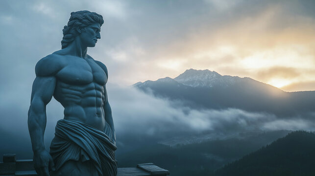 Muscular statue with dramatic lighting against mountain sunrise