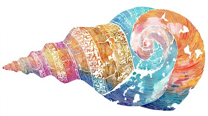 Fototapeta premium A colorful, abstract illustration of a spiral shell, showing cross-sections of varying hues and textures