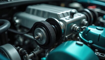 Naklejka premium Detailed view of modern car engine timing belt, pulley system. Intricate machinery precision engineering with metal gears, belts. Perfect for automotive, technology, industrial themes, emphasizing
