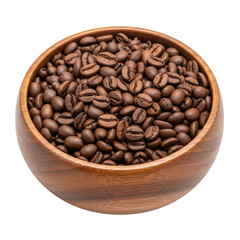 Fototapeta premium Close up of dark roasted coffee beans overflowing a natural wooden bowl, perfect for illustrating coffee culture, breakfast, or beverage themes.