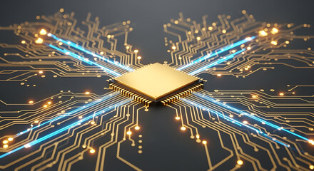 Golden CPU Microchip with Glowing Data Flow on Circuit Board - AI and Advanced Computing Concept