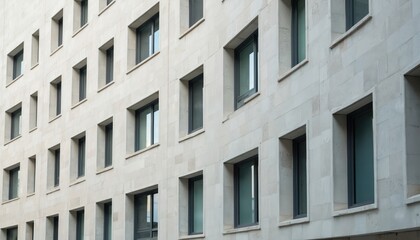 Fototapeta premium Modern building facade features repetitive grid of windows with dark frames against light stone wall. Reflective glass panels offer glimpses of sky interior light. Clean lines, geometric arrangement